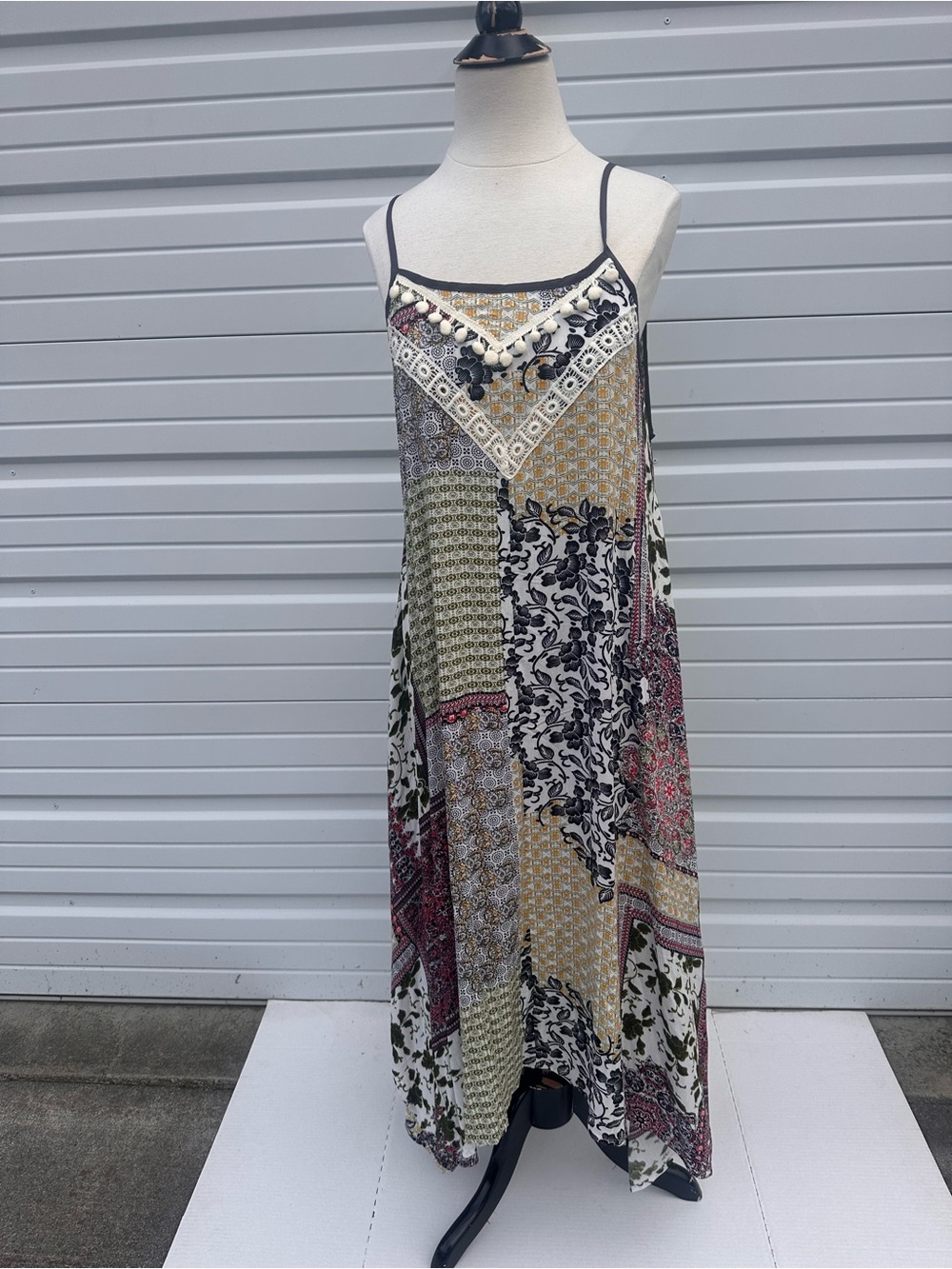 Kori Multi-Color Patchwork Maxi Slip Dress with Pom Trim